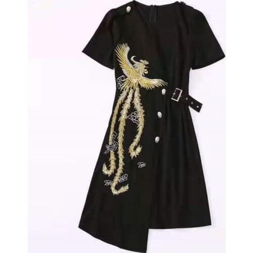 European and American womens wear for summer 2021 Short sleeved phoenix embroidered round neck Fashion Black Dress