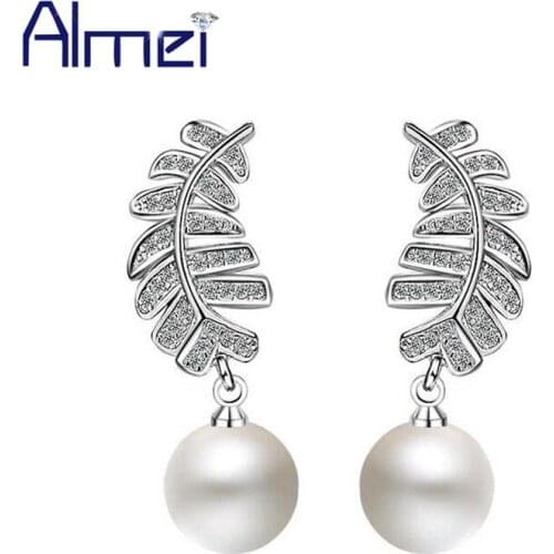 Almei 5%Off Leaf Shaped Drop Earrings for Women Silver Color Simulated Pearl Earring With Crystal Stones Jewelry Brincos ED373
