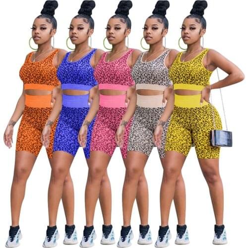 Casual Leopard Print Sporty Fitness Two Piece Set Women Loungwear Sleeveless Tank Crop Top Biker Shorts Matching Set Streetwear