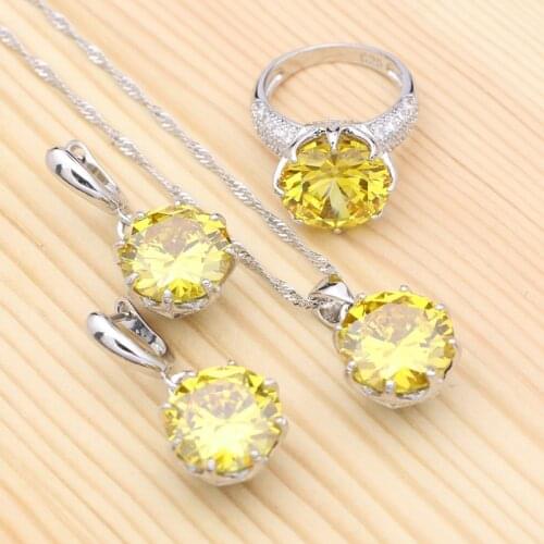 925 Silver Jewelry Sets For Girls Yellow Cubic Zirconia White Crystal Pendant Necklace Ring Womans Earrings