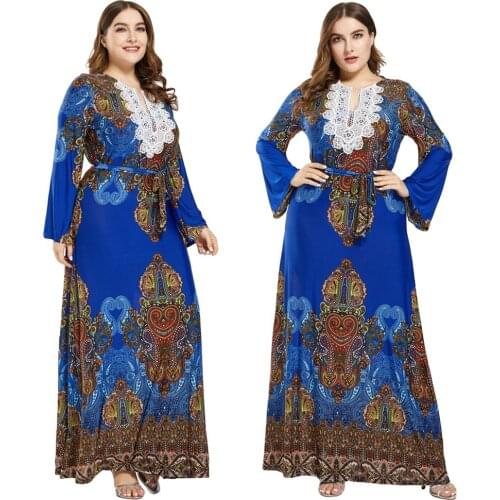 Boho Printed Ethnic Women Muslim Long Sleeve Plus Size Maxi Dress Kaftan Cocktail Holiday Beach Casual Loose Abaya Robe Caftan