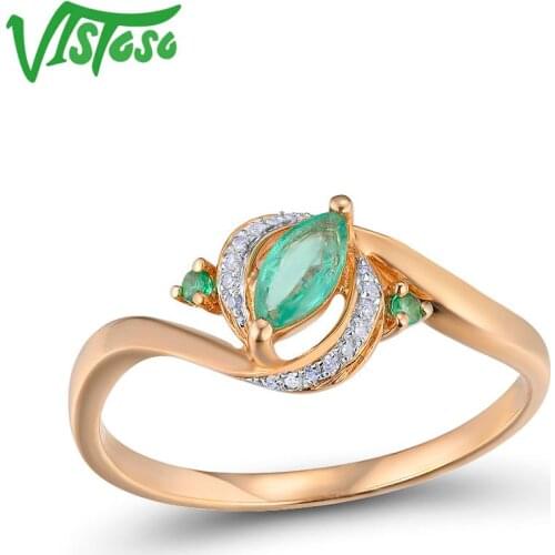 VISTOSO Gold Rings For Women Genuine 14K 585 Rose Gold Ring Magic Emerald Sparkling Diamond Engagement Anniversary Fine Jewelry