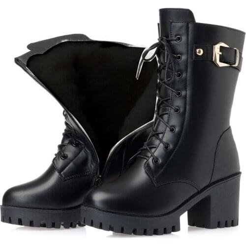 Winter High-heeled Leather Women Winter Boots Thick Wool Warm Women Military Boots High-quality Female Snow Boots