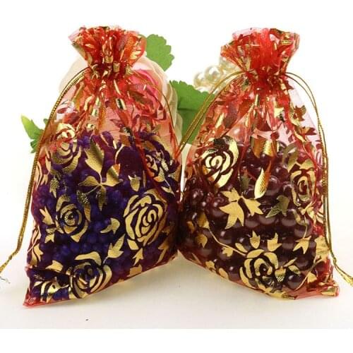 13x18cm Rose Red Bronzing Organza Jewelry Bags Small Packaging Bags Pochette Tulle Bonbon Saco De Tule 100pcs/lot Wholesale