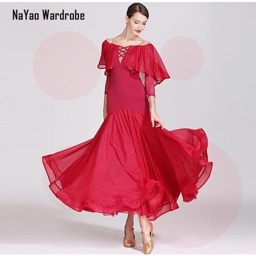 2021 New 1868 Lotus Shoulder Yarn Puffy V Neck Latin Dance Dress Women Performance Modern Dance Dress Latino Dancewear