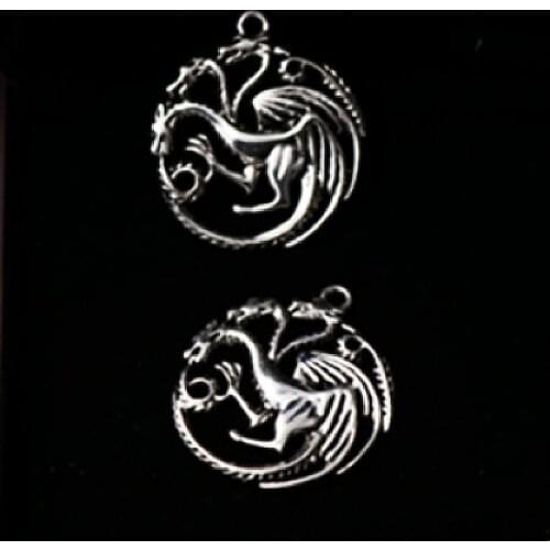 WKOUD 6pcs Silver Color dragon totem three heads of dragons charms necklace DIYJewelry handmade jacquard craft alloy pendants