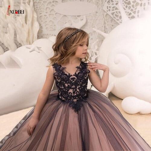 Princess Satin Beaded Floor Length Red Flower Girl Dresses Black Appliques Girls Pageant Dress First Communion Dresses