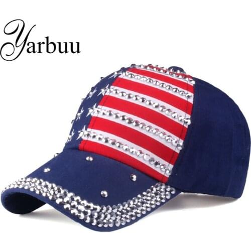 [YARBUU] The American flag Baseball caps 2018 fashion hat For men women The adjustable cotton cap rhinestone star Denim cap hat