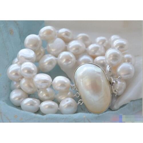 P4118 3ROW 8" 15mm BAROQUE WHITE FRESHWATER PEARL BRACELET MABE @^Noble style Natural Fine jewe SHIPPING new >>-hot