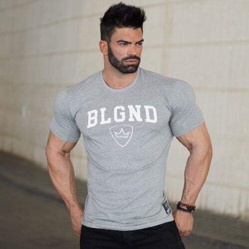 Mens Cotton Skinny t shirt Fitness Bodybuilding Short sleeve t-shirts Gym Workout Tee Tops Male Summer Casual Print Clothing