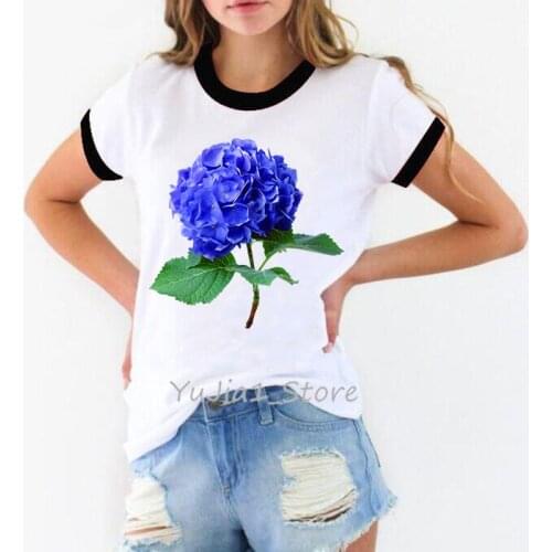 Blue Hydrangea flower print t shirt women kawaii tshirt tumblr clothes summer top female t-shirt women’s clothing plus size tees