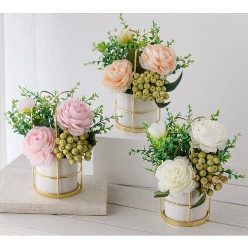 Artificial Flower Pot Floral Fake Flower Bouquet with Vases for Home Office Desktop Decoration TN88