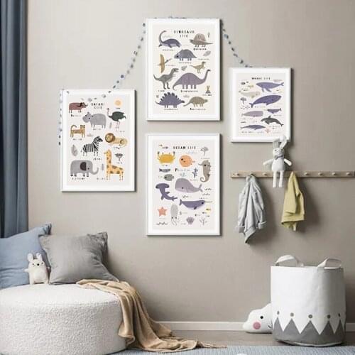 Ocean Safari Animal Dinosaur Nursery Poster Canvas Print Educational Puzzle Wall Art Painting Picture Nordic Kids Bedroom Decor