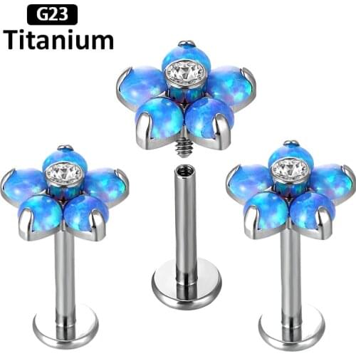 G23 Titanium&Steel Opal Gem Labret Lip Bar Ring Cubic Zircon Flower Ear Cartilage Tragus Helix fashion Piercing Screw Fit Top16G