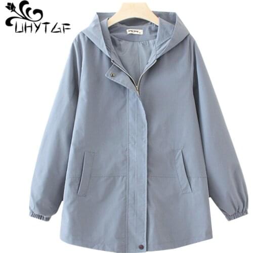 UHYTGF trench coat for women fashion hooded oversized women clothes basic coats casual spring autumn windbreaker womens 4XL 992
