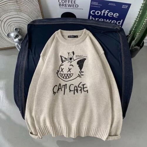 Mens Sweaters Fashion Streetwear Funny Cat Pullover Autumn Harajuku Sweater Casual Unisex Design Clothing Loose Khaki