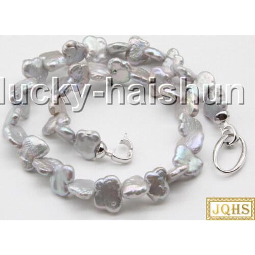 Baroque 16.5" 14mm coin fastener butterfly Gray pearls necklace 18KGP Clasp c35