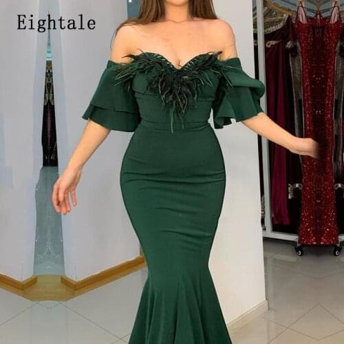 Eightale Arabic Evening Dresses with Feather Sweetheart Short Sleeves Chiffon Green Mermaid Prom Gown Long Formal Wedding Party