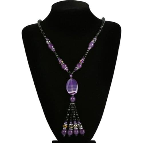 Popular Silver Plated Purple and Green Agates Pendant Long Beads Chain Strand Necklace Ethnic Style Jewelry