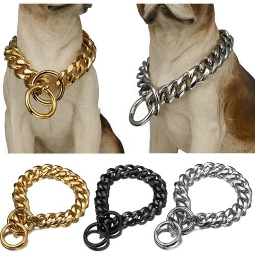 Plated Gold Dog Collar Stainless Steel Cuban Curb Link Pet Chain for Big Dogs French Bulldog Necklace 19mm Width 16"-28" Collar
