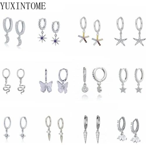 925 Sterling Silver Moon Star Cross Lock Earrings for Women Gold Snake CZ Small Hoop Earrings Piercing Huggies New Bijoux A40