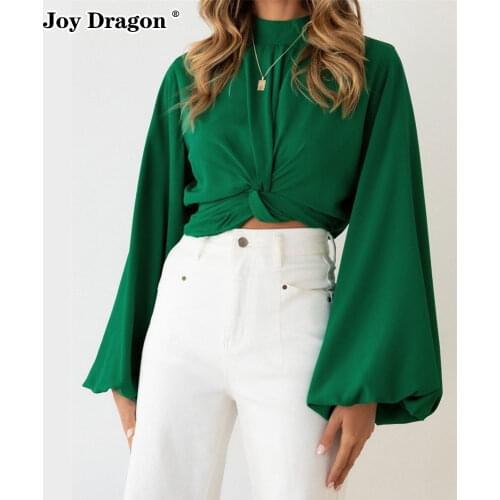 Crop Tops Women Sweatshirts Lantern Sleeve Solid Color Loose Pullover 2021 Sweater T-shirts Blouse Autumn Spring Casual Knotted