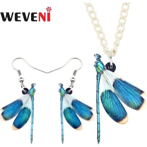 WEVENI Acrylic Blue Dragonfly Jewelry Sets Earrings Necklace Pendant Fashion Insect Gifts For Women Girls Ladies Summer Bijoux