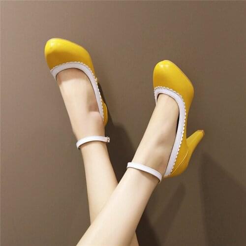 YQBTDL 2020 Ankle Buckle Ladies Pumps Yellow Black Beige Heels Women Ruffles Sweet Office Party High Heel Womens Shoes Summer