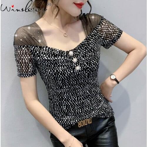 Summer Korean Clothes T-Shirt Girl Fashion Sexy Drape Patchwork Mesh Shiny Diamonds Women Tops Short Sleeve Tees 2021 T14207A