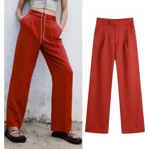 WESAY JESI ZA Women Classic Pants Elegant Slim Red Linen Zippers Trousers 2021 Fashion Pockets Trousers Ladies High Waist Pants