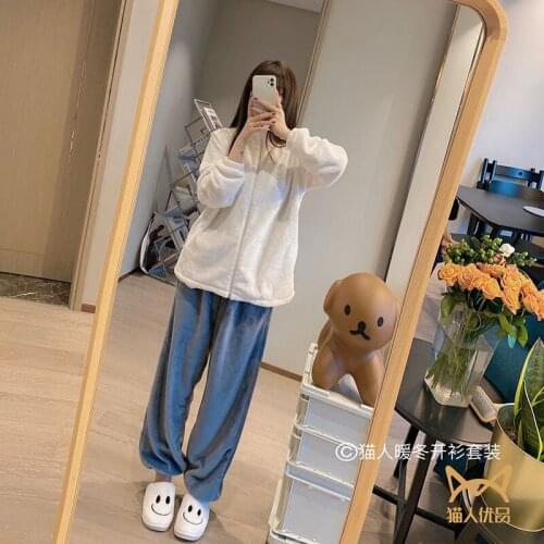 2020 women Flannel pajamas set autumn winter cardigan zipper warm homewear suit thick sported casual loose pajamas set