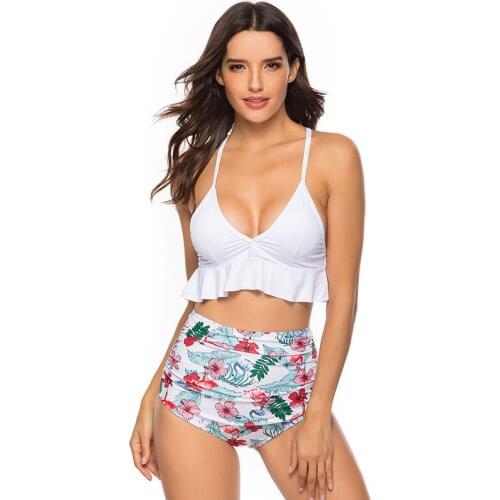 2020 New Style High Quality Bikini Floral Print High Waist Sexy Swimwear Ruffled Back Cross Swimsuit Women