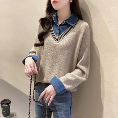 TIGENA Fake Two Piece Knitted Pullover Sweater for Women 2021 Autumn Winter Korean Turn-down Collar Slim Jumper Female Clothing