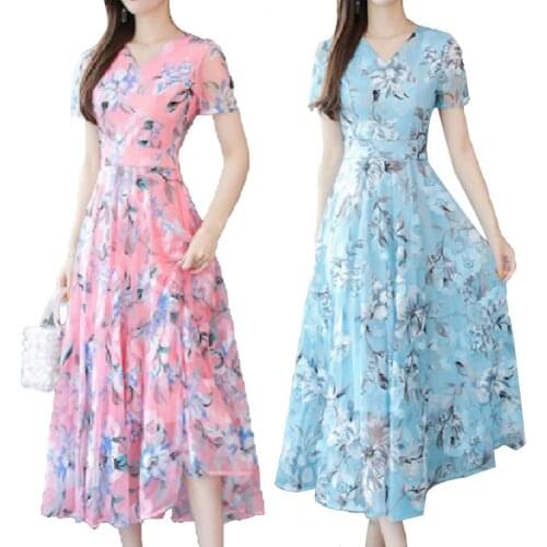 Summer Women Long Dress Waist Tight Short Sleeve Floral Print Midi Dress Streetwear for Casual Wedding Party Dress Ladies Robe
