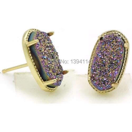 14*7mm Titanium Gold/Silve r/Rainbow/Blue/Black/AB Agat e Druzy Hexagon Stud Earrings Of Plating Gold