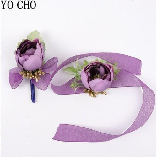 YO CHO Girl Prom Wrist Corsages Bracelet Bridesmaids Flower Purple Rose Men Boutonnieres Brooch Pins Wedding Groom Boutonniere