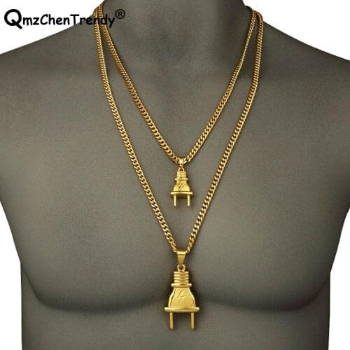 Trendy Gold Plug Pendants Cuban Link Chain Necklace Mens Women Lovers Couple Hip Hop Rock Rapper Jewelry