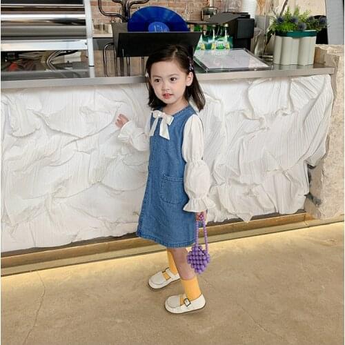 Mila Chou 2021 Spring Girls Denim Dress Splicing Lantern Sleeve Shirt Dress kid Children Bowknot Jeans Dress strap dress 2-8Y