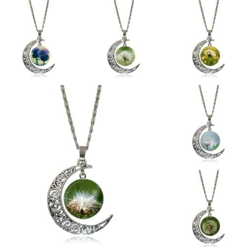 EJ Glaze Dandelion Thistles Glass Cabochon Choker Moon Pendant Necklace Silver Color Jewelry For Women Kids