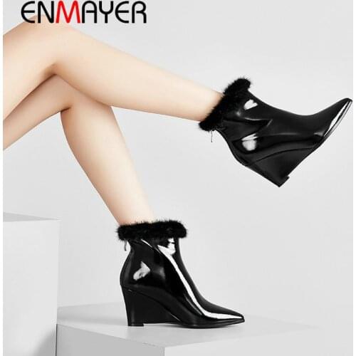 ENMAYER 2020 Basic Patent Leather Wedges Heels Ankle Boots for Women Pointed Toe Fur Boots Women Short Plush Womens Shoes 34-42