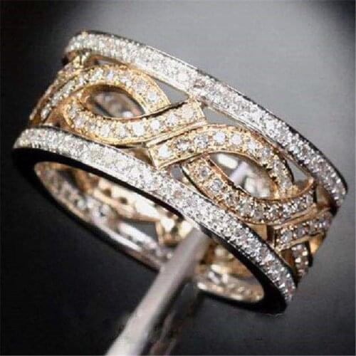 Luxury Female White Crystal Stone Ring Classic Gold Color Wedding Rings For Women Trendy Zircon Hollow Leaf Engagement Ring