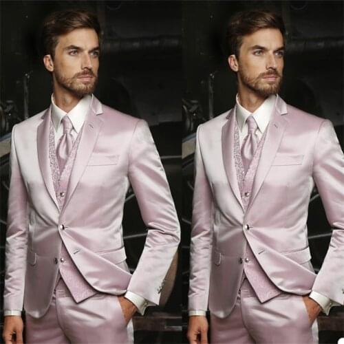 3-piece Handsome Pink Satin Mens Suit Printed Vest Groom Suit Wedding Suits For Best Men Slim Fit Groom Tuxedos For Man