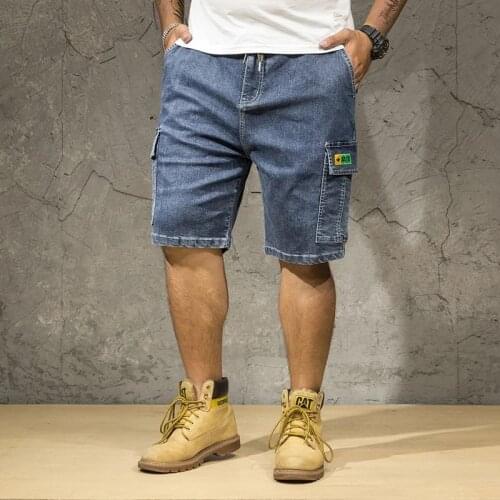 Summer Large Size Mens Loose Stretch Blue Denim Shorts Big Pocket Straight Jeans Cargo Shorts Male Casual Knee Length Shorts