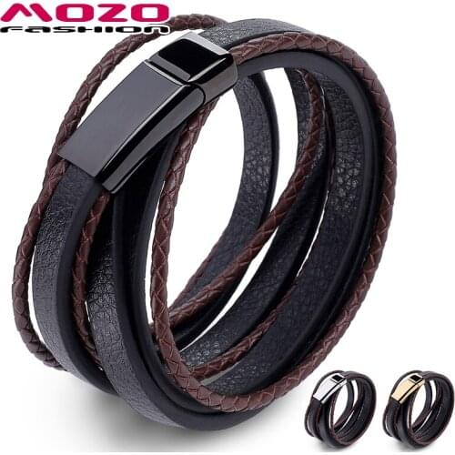 Fashion Brand Jewelry Men Black Leather Rope Chain Stainless Steel Bracelet Male Vintage Hand Strap Women Bangles