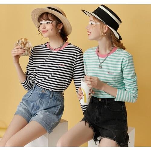 Fashion Autumn Striped Hit Color Long Sleeve T-Shirts Women Casual Loose Round Neck Basic Tops Printed Tee Shirt