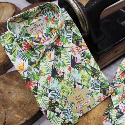 Gentilbay Mens Flamingo Digital Printed Cotton Green Slimfit Long-Sleeve Sport Classic Shirt DPD023