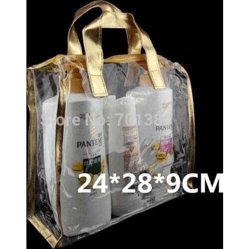 Wholesale size:28*24*9cm Fast free shipping.Golden and silver clear pvc packing bag gift bag clear cosmetic bag, 100piece\lot
