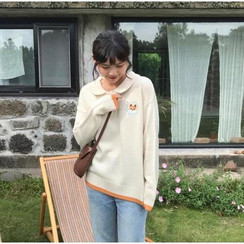 Autumn winter korean cartoon dog embroidery knitted pullover sweaters women
