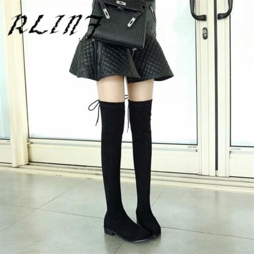 RLINF Flat with Knee High Heel Elastic Long Tube Thick with Thin Legs with High Tube Small Pepper Female Long Boots