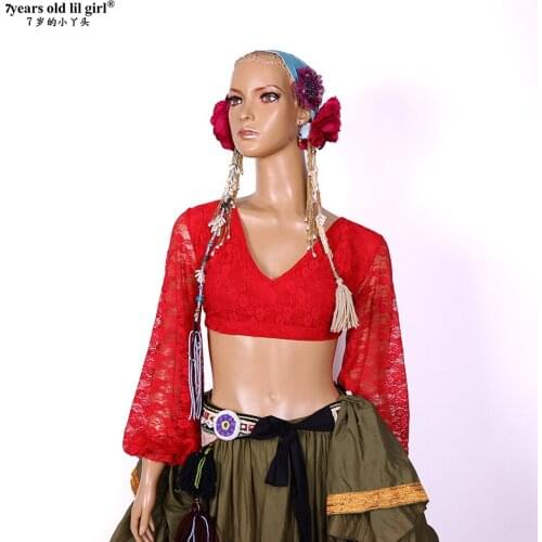 Sexy Lady Stage Belly Performance Dress Beach Practice Wear Puff Sleeve Lace Tops Blouse Foe Women FQQ05